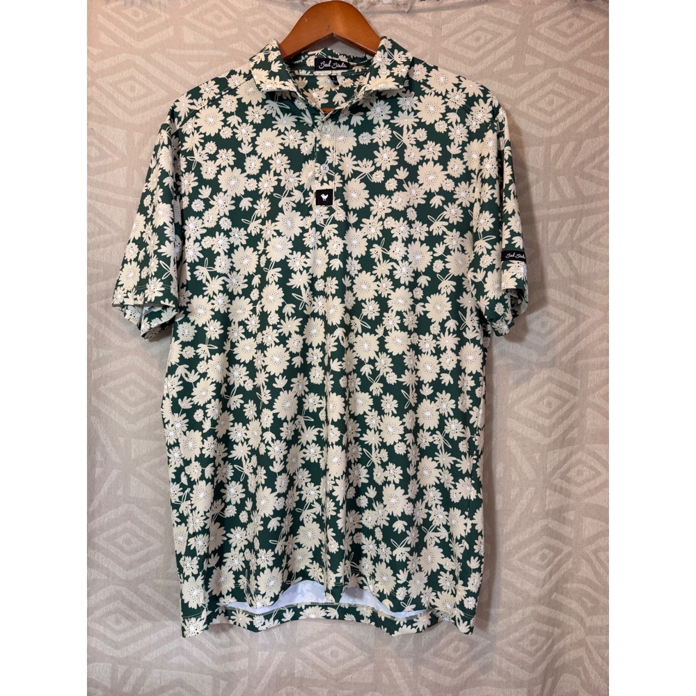 Bad Birdie Mens Floral Daisy Golf Polo Shirt Green Cream Large Short Sleeve L
